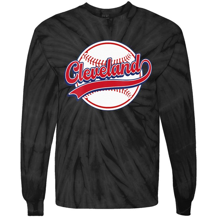 Womens Vintage Cleveland Cityscape Baseball Lover Player And Fans Tie-Dye Long Sleeve Shirt