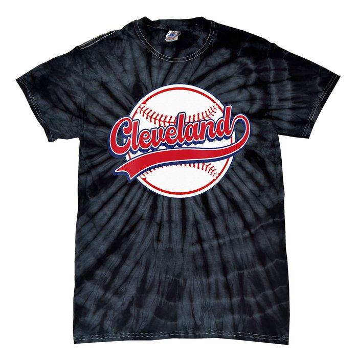 Womens Vintage Cleveland Cityscape Baseball Lover Player And Fans Tie-Dye T-Shirt