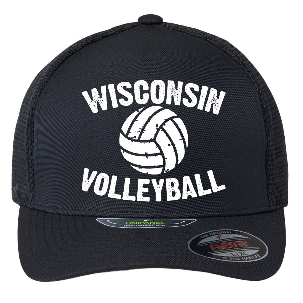 Wisconsin Volleyball Classic Style Vintage Distressed Flexfit Unipanel Trucker Cap