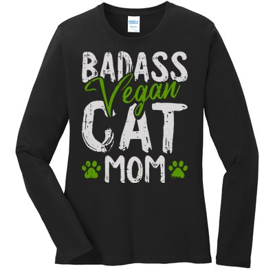 Womens Vegan Cat Mom MothersDay Badass Mama Paw Print Kitten Lover Ladies Long Sleeve Shirt