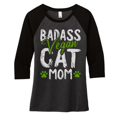 Womens Vegan Cat Mom MothersDay Badass Mama Paw Print Kitten Lover Women's Tri-Blend 3/4-Sleeve Raglan Shirt