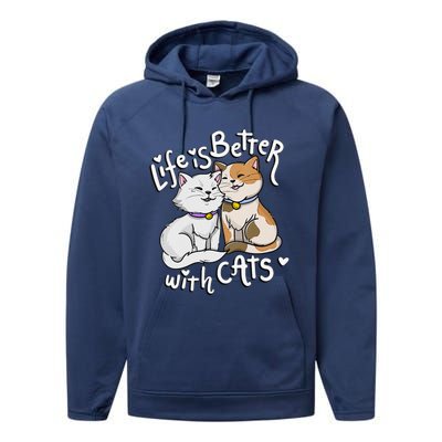 Womens Valentine's Cat Lover Life Is Better With Cats Mother's Day Performance Fleece Hoodie