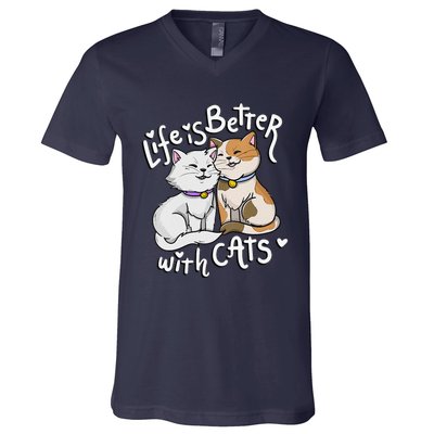 Womens Valentine's Cat Lover Life Is Better With Cats Mother's Day V-Neck T-Shirt