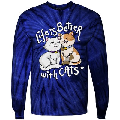 Womens Valentine's Cat Lover Life Is Better With Cats Mother's Day Tie-Dye Long Sleeve Shirt