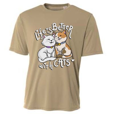 Womens Valentine's Cat Lover Life Is Better With Cats Mother's Day Cooling Performance Crew T-Shirt