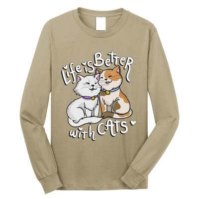 Womens Valentine's Cat Lover Life Is Better With Cats Mother's Day Long Sleeve Shirt