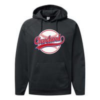 Womens Vintage Cleveland Cityscape Baseball Lover Player And Fans Performance Fleece Hoodie