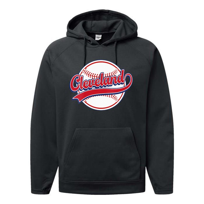 Womens Vintage Cleveland Cityscape Baseball Lover Player And Fans Performance Fleece Hoodie