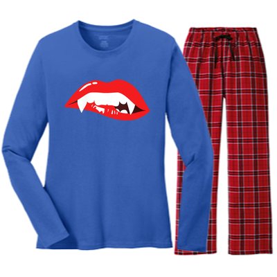 Wo Vampire Gift Sexy Lips Teeth Lazy Halloween Costume Gift Women's Long Sleeve Flannel Pajama Set 