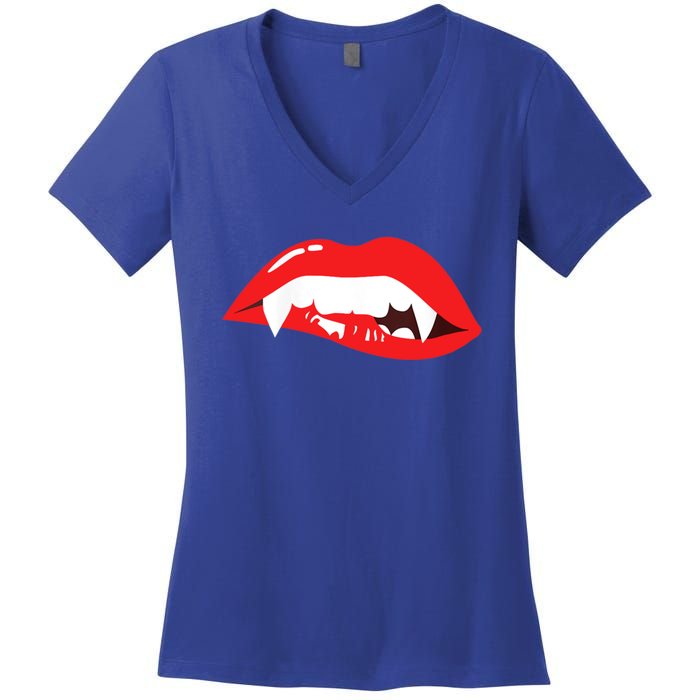 Wo Vampire Gift Sexy Lips Teeth Lazy Halloween Costume Gift Women's V-Neck T-Shirt