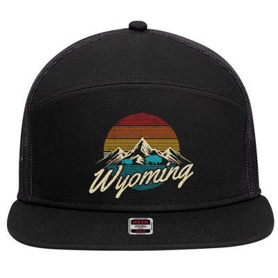 Wyoming Vintage Mountains Bison American Buffalo Gift 7 Panel Mesh Trucker Snapback Hat