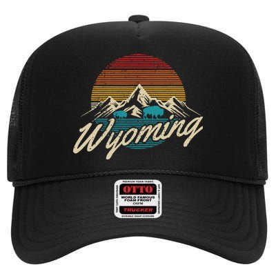 Wyoming Vintage Mountains Bison American Buffalo Gift High Crown Mesh Back Trucker Hat