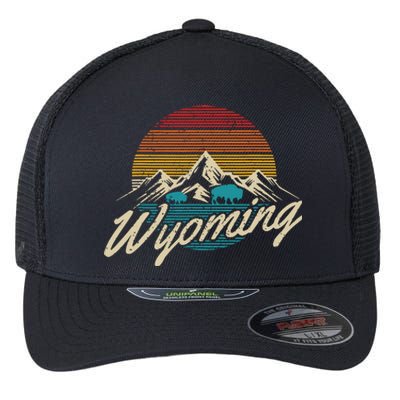 Wyoming Vintage Mountains Bison American Buffalo Gift Flexfit Unipanel Trucker Cap