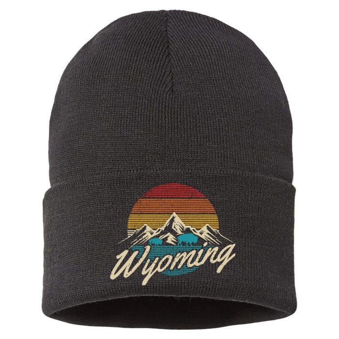 Wyoming Vintage Mountains Bison American Buffalo Gift Sustainable Knit Beanie