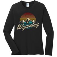 Wyoming Vintage Mountains Bison American Buffalo Gift Ladies Long Sleeve Shirt