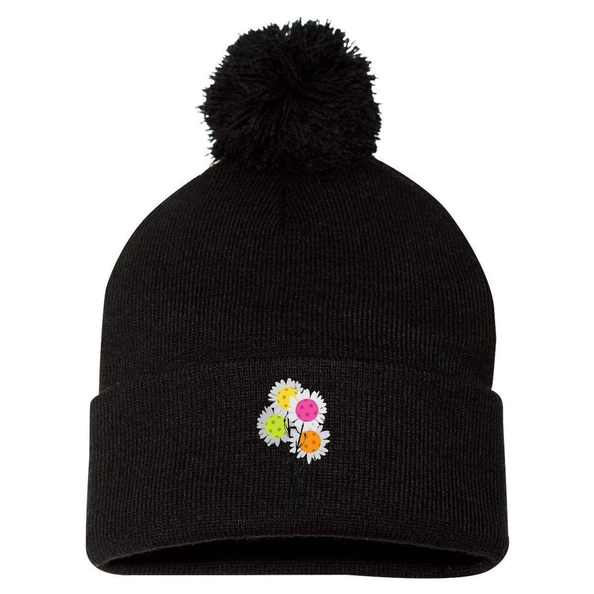 Womens Valentine's Mother's Day Pickleball Flower Bouquet Pretty Pom Pom 12in Knit Beanie