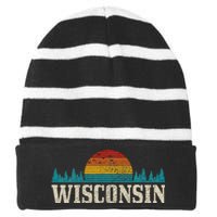 Wisconsin Vintage Pride Nature Outdoor Hiking Camping Striped Beanie with Solid Band