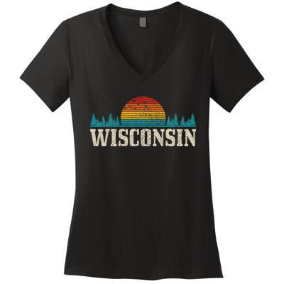 Wisconsin Vintage Pride Nature Outdoor Hiking Camping Women's V-Neck T-Shirt