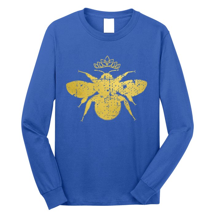 Womens Vintage Queen Bee Funny, Cute Bumblebee With Crown Long Sleeve Shirt