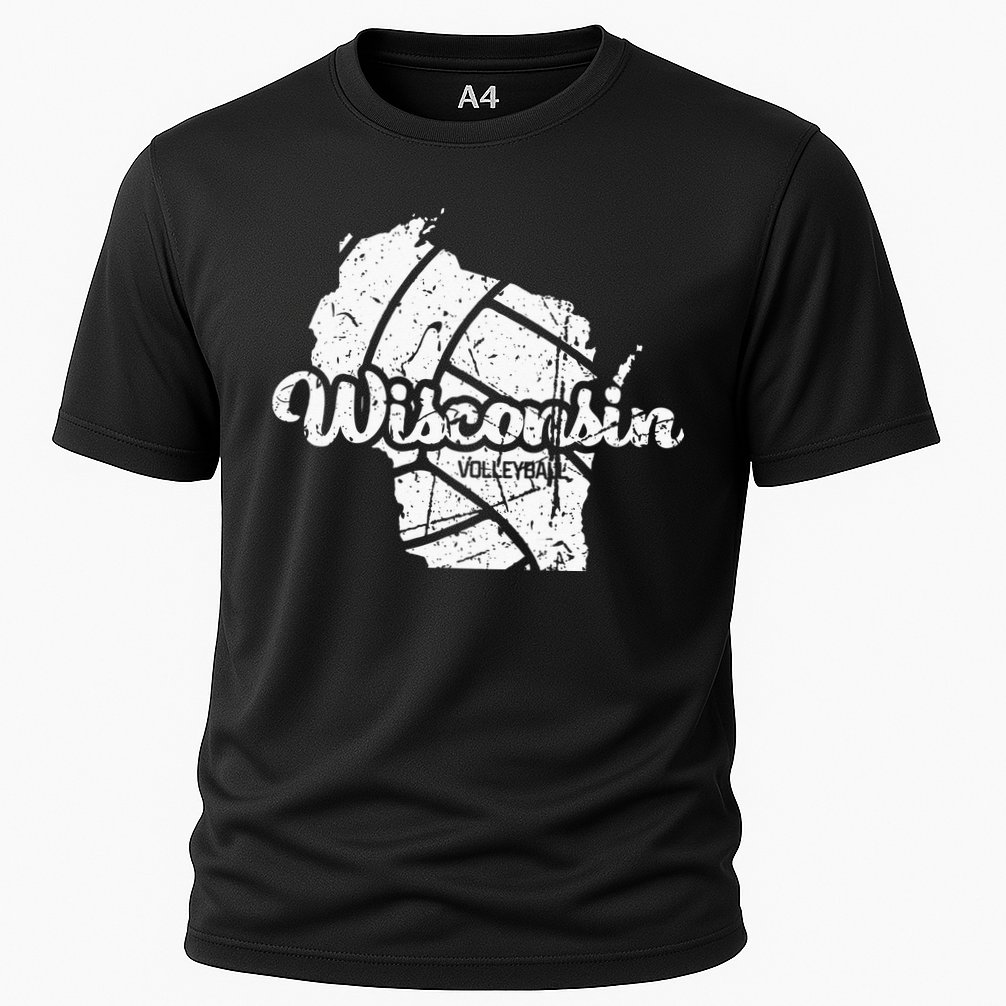 Wisconsin Volleyball Retro Script Vintage Distressed Cooling Performance Crew T-Shirt