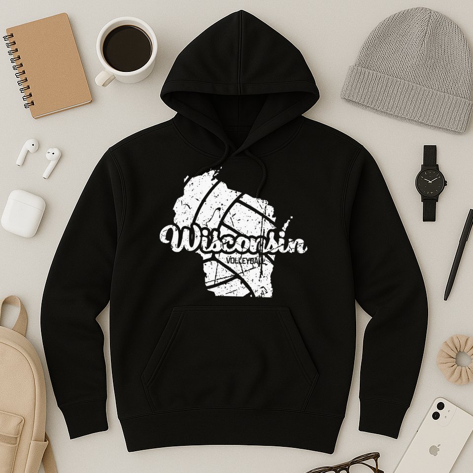 Wisconsin Volleyball Retro Script Vintage Distressed Hoodie