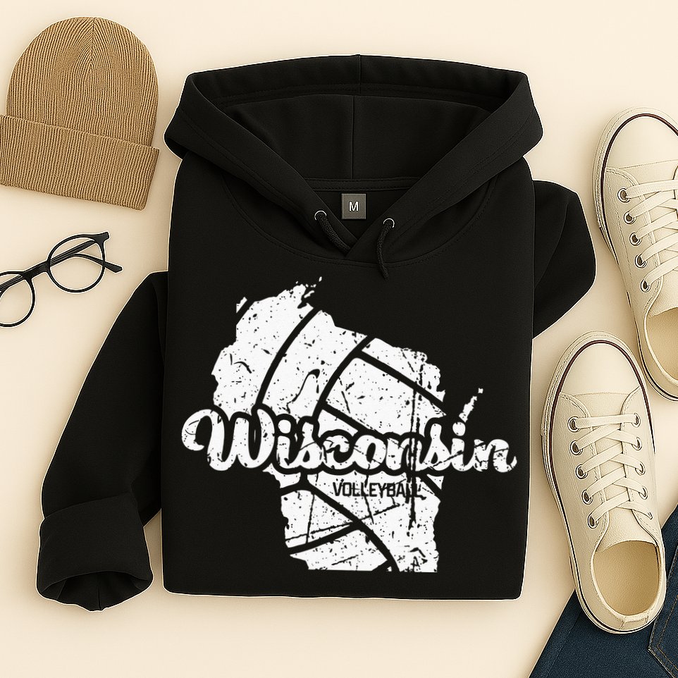 Wisconsin Volleyball Retro Script Vintage Distressed Hoodie