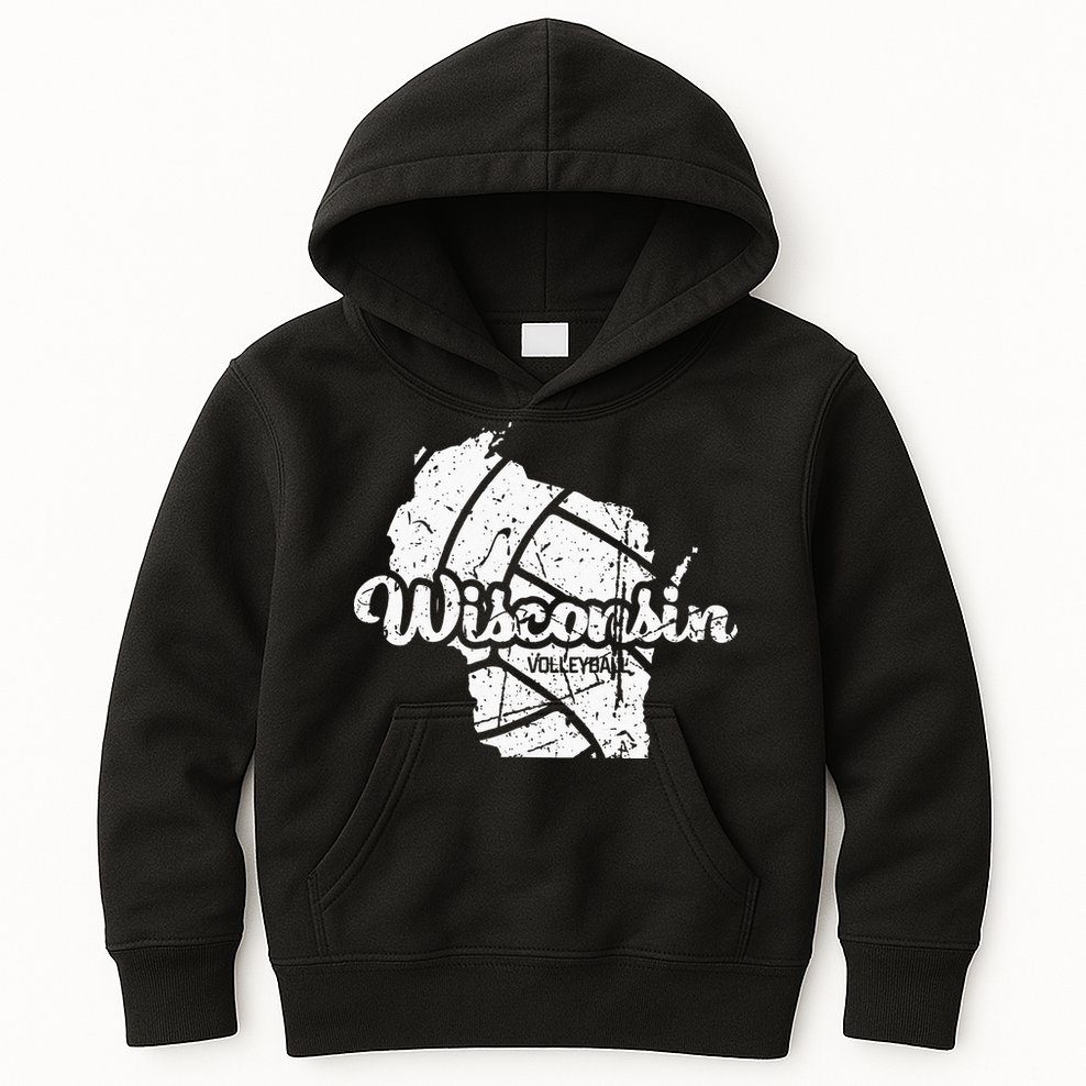 Wisconsin Volleyball Retro Script Vintage Distressed Kids Hoodie