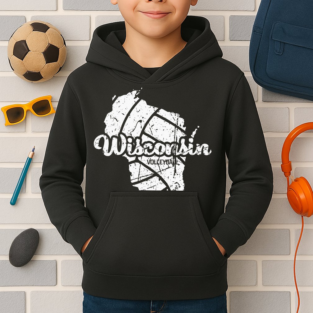 Wisconsin Volleyball Retro Script Vintage Distressed Kids Hoodie