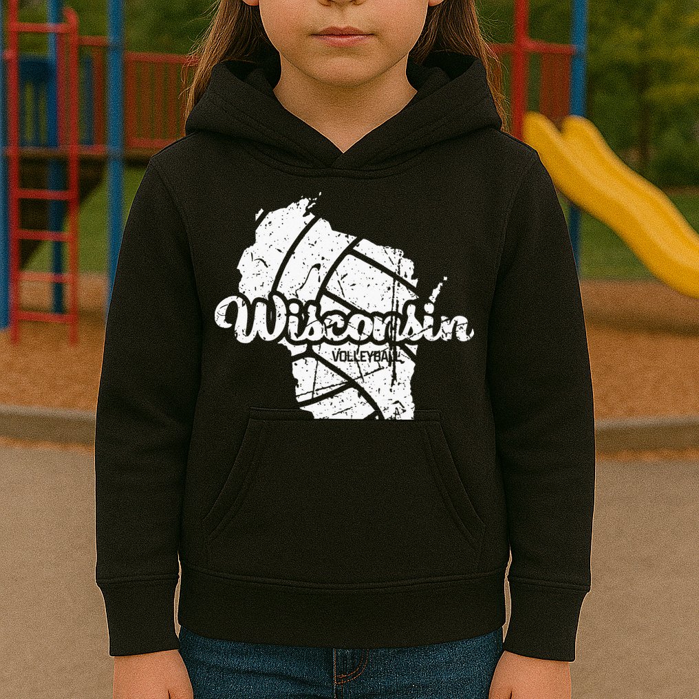 Wisconsin Volleyball Retro Script Vintage Distressed Kids Hoodie
