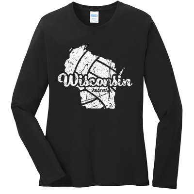 Wisconsin Volleyball Retro Script Vintage Distressed Ladies Long Sleeve Shirt