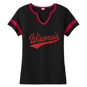 WISCONSIN VARSITY SCRIPT CLASSIC SPORTS JERSEY STATE FLAG Ladies Halftime Notch Neck Tee