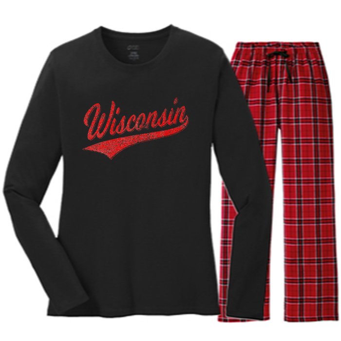 WISCONSIN VARSITY SCRIPT CLASSIC SPORTS JERSEY STATE FLAG Women's Long Sleeve Flannel Pajama Set 