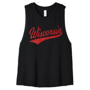 WISCONSIN VARSITY SCRIPT CLASSIC SPORTS JERSEY STATE FLAG Women's Racerback Cropped Tank