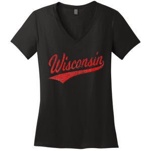 WISCONSIN VARSITY SCRIPT CLASSIC SPORTS JERSEY STATE FLAG Women's V-Neck T-Shirt