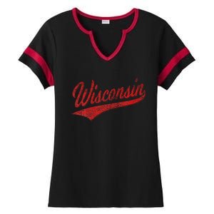 Wisconsin Varsity Script Classic Sports Jersey State Flag Ladies Halftime Notch Neck Tee