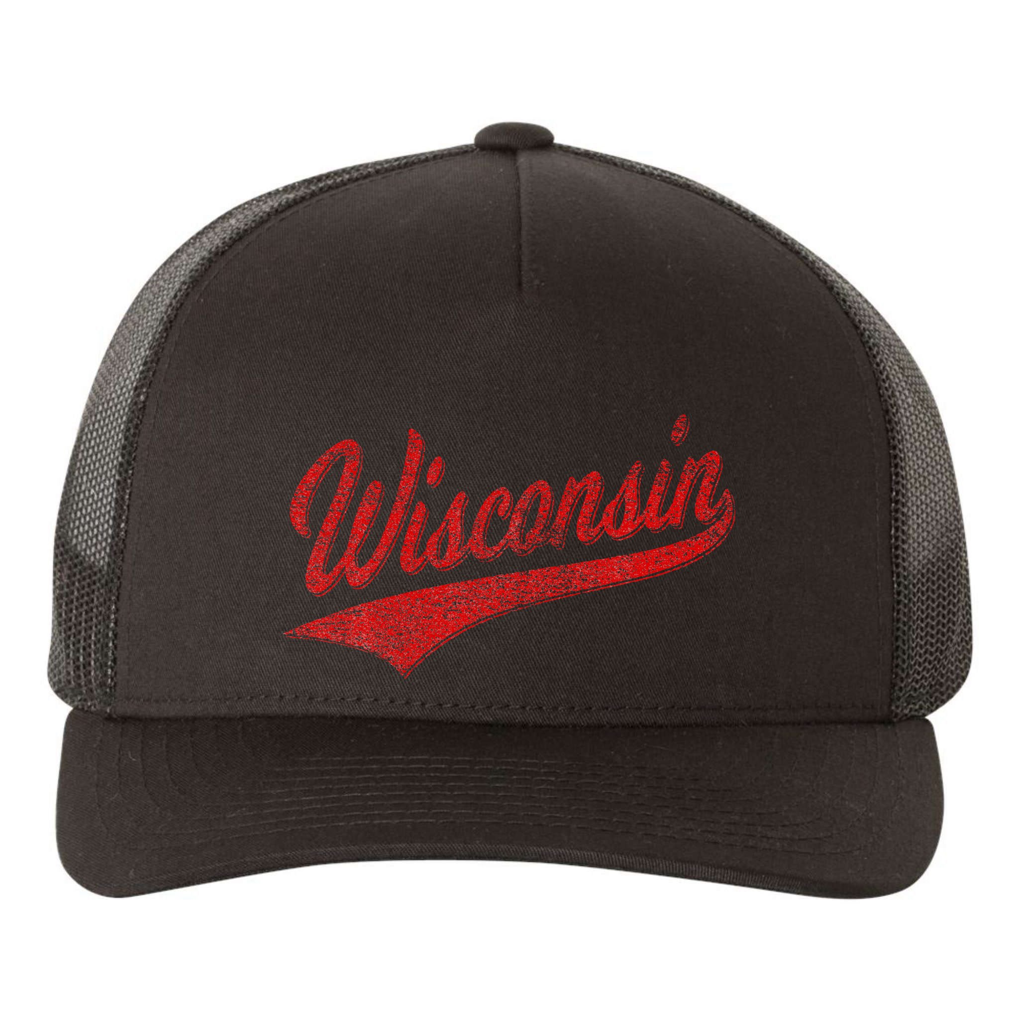 Wisconsin Varsity Script Classic Sports Jersey State Flag Yupoong Adult 5-Panel Trucker Hat