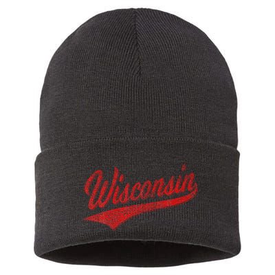 Wisconsin Varsity Script Classic Sports Jersey State Flag Sustainable Knit Beanie