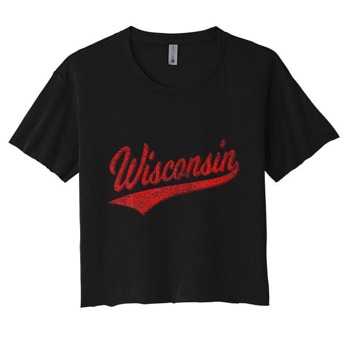 Wisconsin Varsity Script Classic Sports Jersey State Flag Women's Crop Top Tee