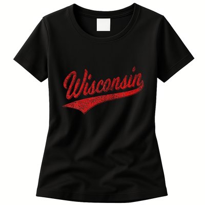 Wisconsin Varsity Script Classic Sports Jersey State Flag Womens T-Shirt