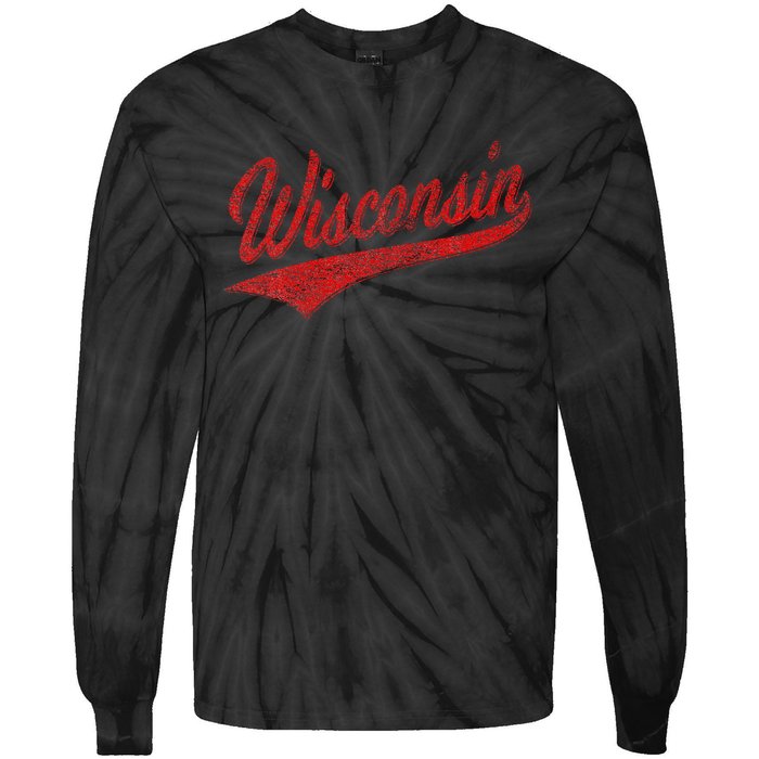 Wisconsin Varsity Script Classic Sports Jersey State Flag Tie-Dye Long Sleeve Shirt