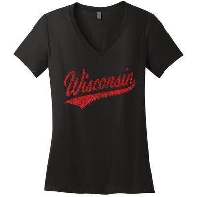 Wisconsin Varsity Script Classic Sports Jersey State Flag Women's V-Neck T-Shirt