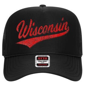 WISCONSIN VARSITY SCRIPT CLASSIC SPORTS JERSEY STATE FLAG High Crown Mesh Back Trucker Hat