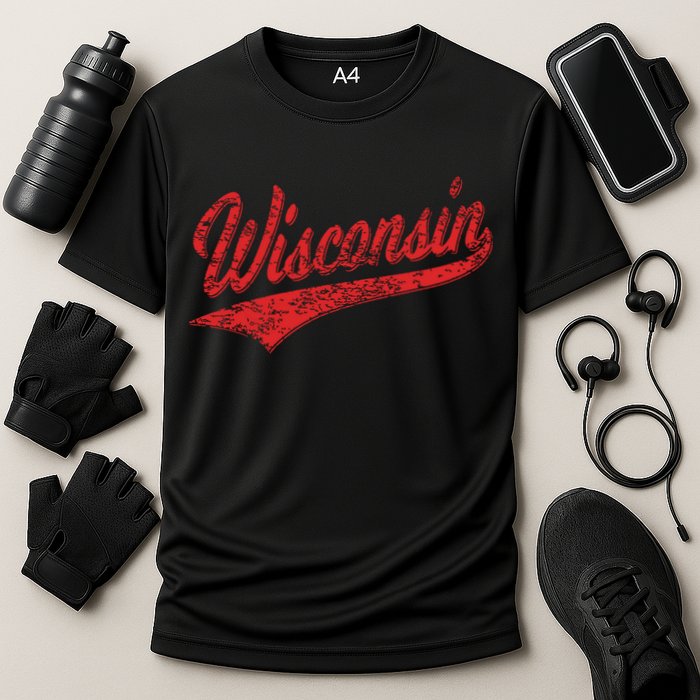 Wisconsin Varsity Script Classic Sports Jersey State Flag Cooling Performance Crew T-Shirt