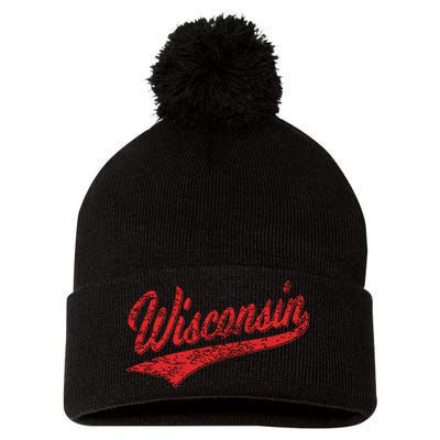 Wisconsin Varsity Script Classic Sports Jersey State Flag Pom Pom 12in Knit Beanie