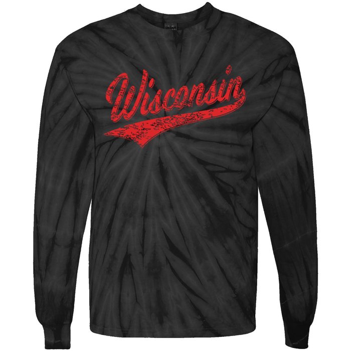 Wisconsin Varsity Script Classic Sports Jersey State Flag Tie-Dye Long Sleeve Shirt