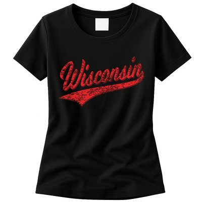 Wisconsin Varsity Script Classic Sports Jersey State Flag Womens T-Shirt