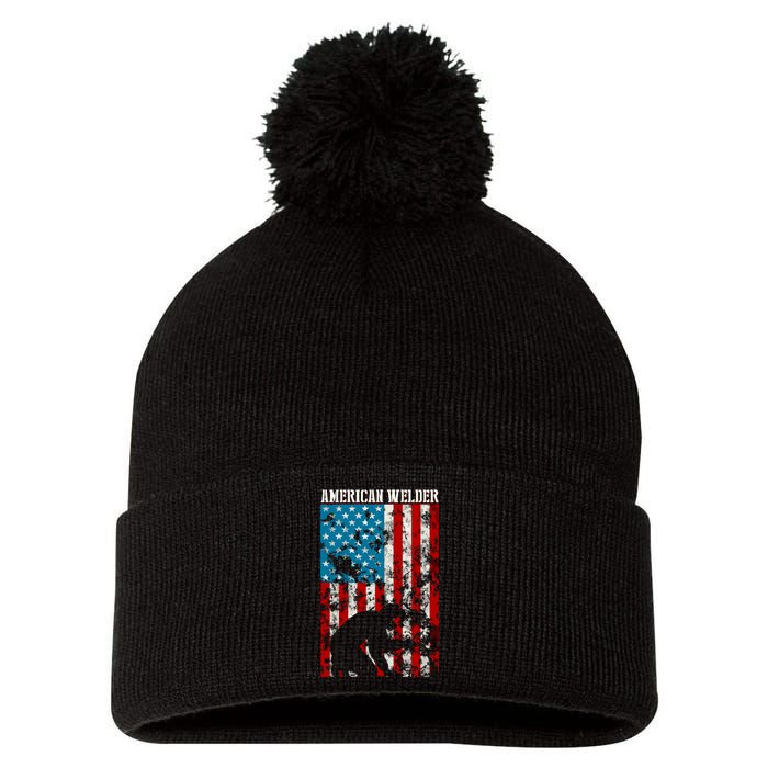 Welder Vintage USA American Flag Welding Pom Pom 12in Knit Beanie