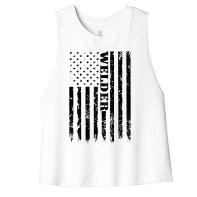 Welder Vintage USA American Flag Welding Women's Racerback Cropped Tank