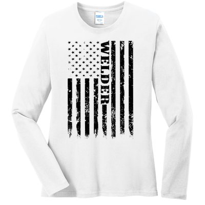 Welder Vintage USA American Flag Welding Ladies Long Sleeve Shirt