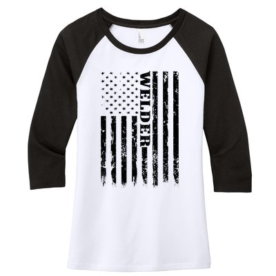 Welder Vintage USA American Flag Welding Women's Tri-Blend 3/4-Sleeve Raglan Shirt